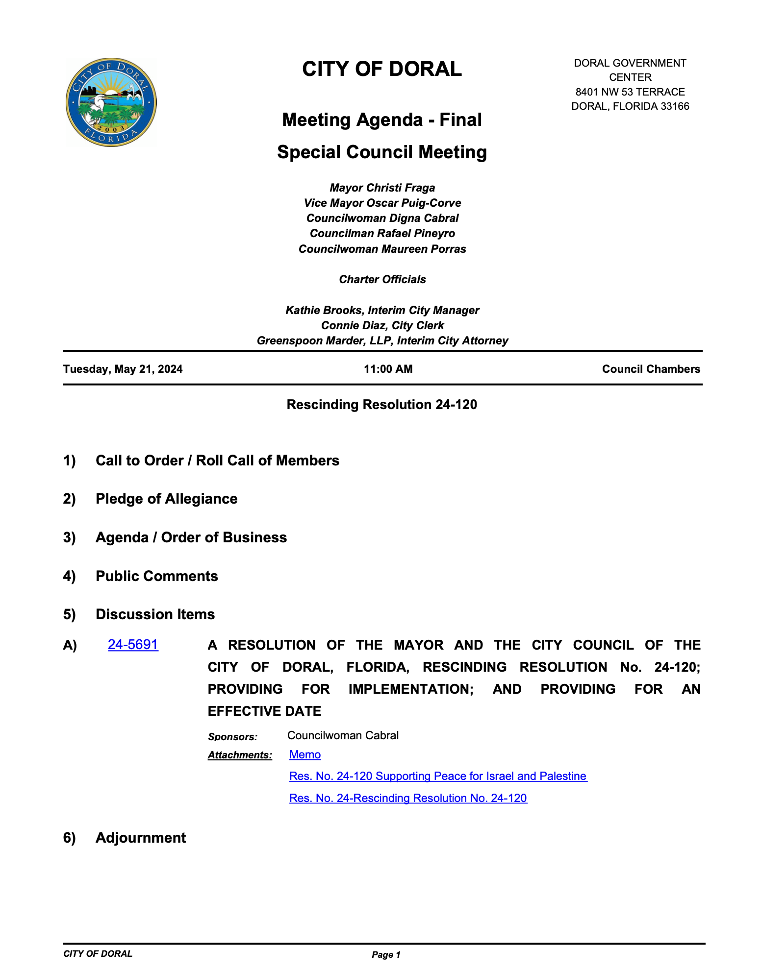 City of Doral Ceasefire resolution