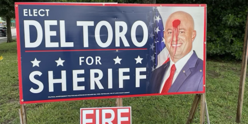 Del Toro Campaign Sign Vandalized With Graphic Depiction Being Shot in Face